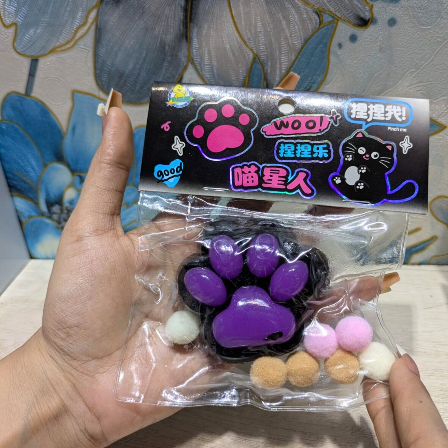 Cat Paw Squishy With Pom Pom Balls