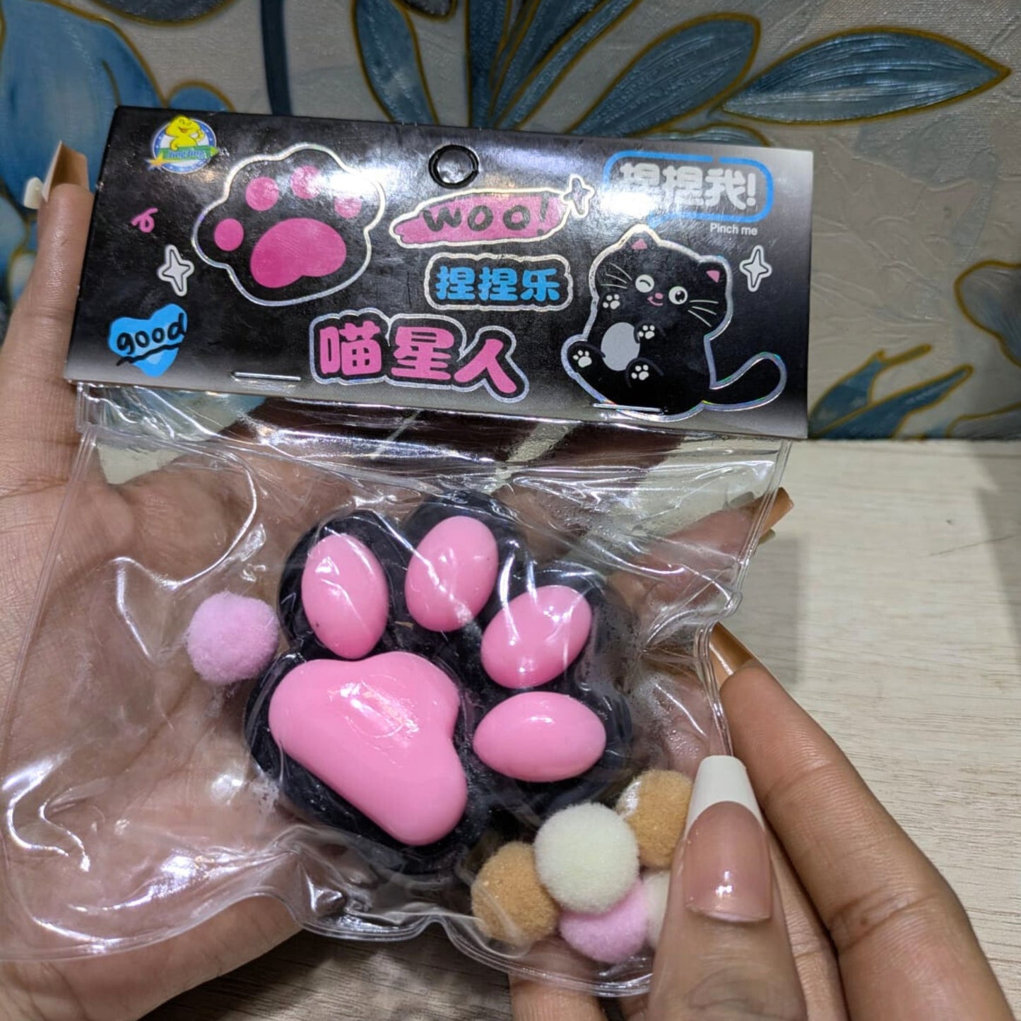 Cat Paw Squishy With Pom Pom Balls