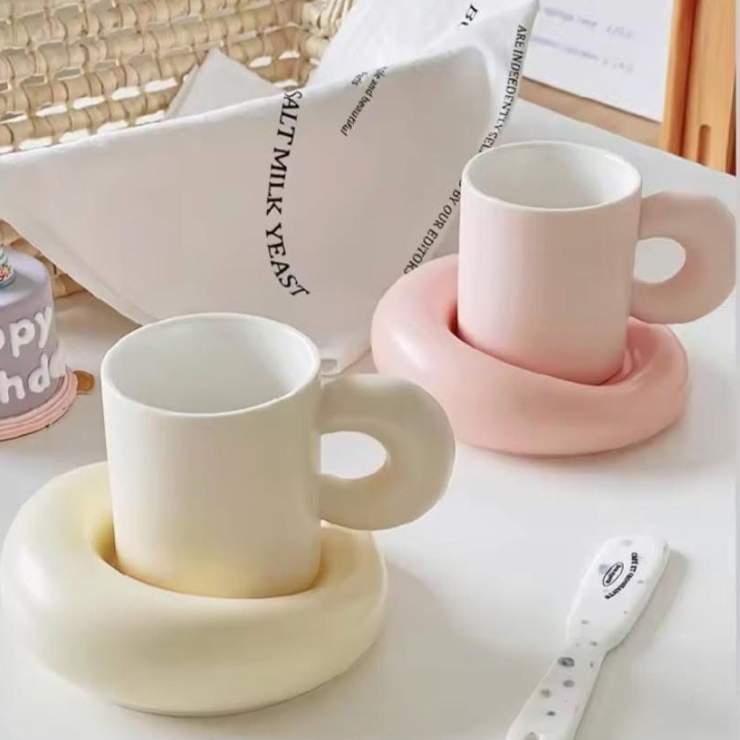 Pastel donut shaped ceramic mug & saucer set