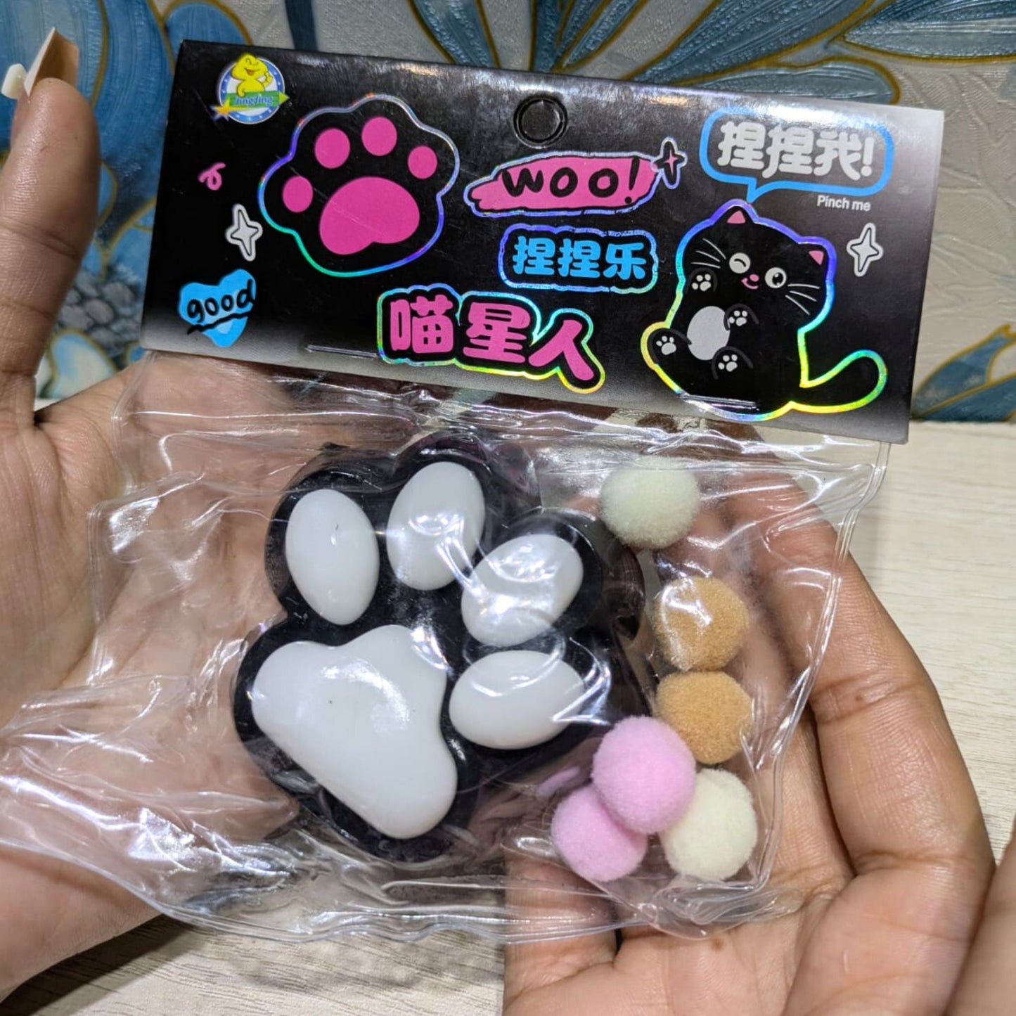 Cat Paw Squishy With Pom Pom Balls