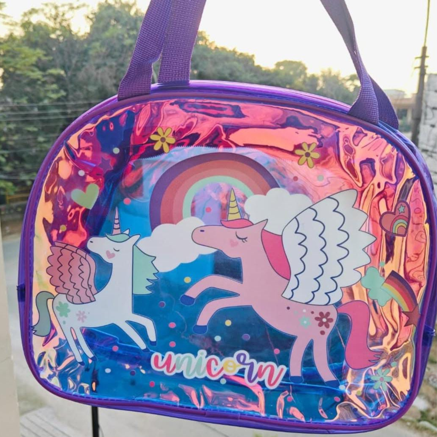 Holographic Purple Unicorn Theme D Shape Travel Bag