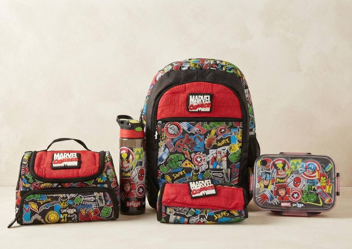 Marvel Theme Bundle (16 inch bag, Lunch bag, Stainlees steel lunch box, Pouch, Plastic water bottle)