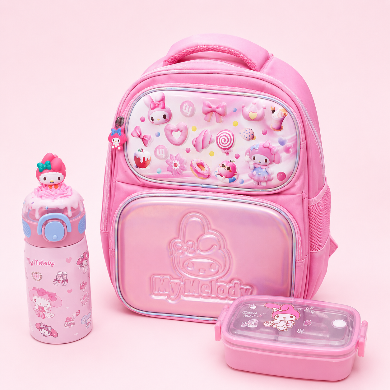 Sanrio melody theme bundle ( 14 inch bag, Water Bottle, Lunch box)