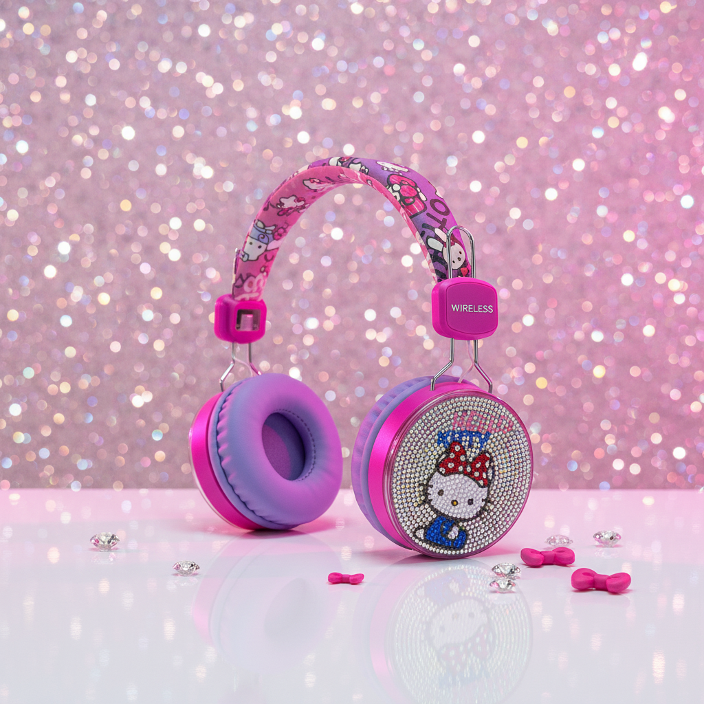 Wireless Diamontise Dark Pink Kitty Headphones
