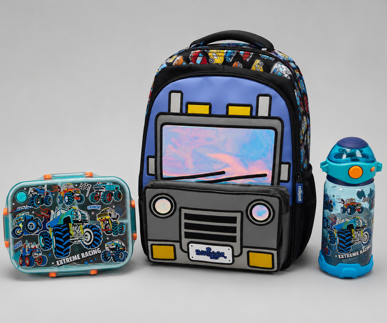 Holographic Truck Theme Bundle (14 inch Bag, Water Bottle, Lunch Box)