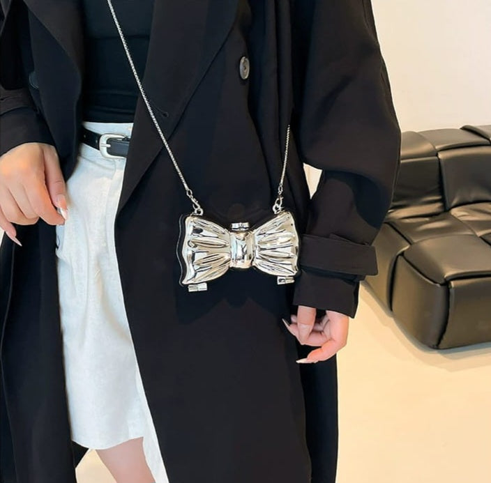Bow Shaped Silver Clutch Bag