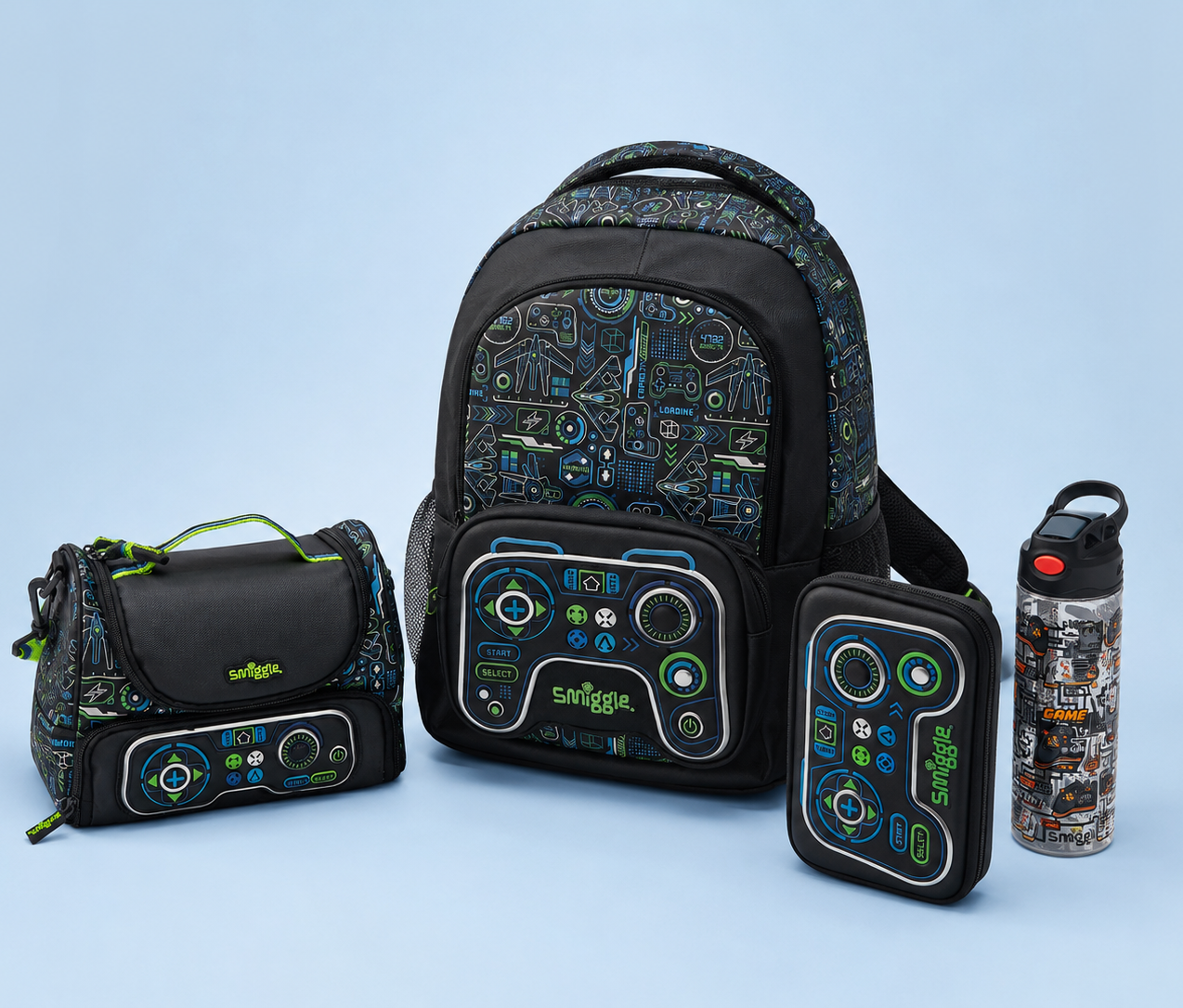 Black Game On Theme Bundle (17 inch bag, lunch bag, Stationery Organizer, Water Bottle)