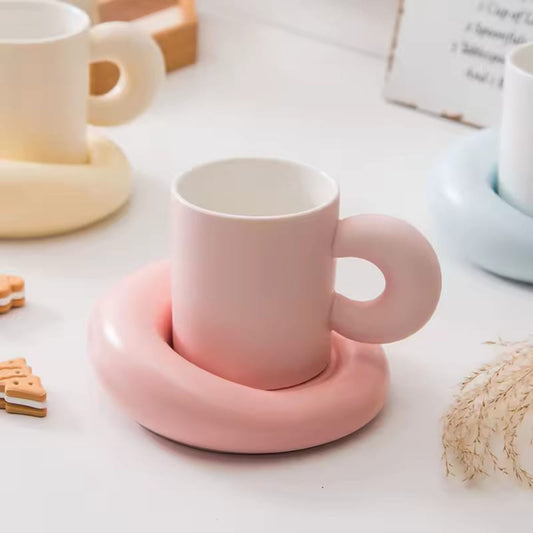 Pastel donut shaped ceramic mug & saucer set