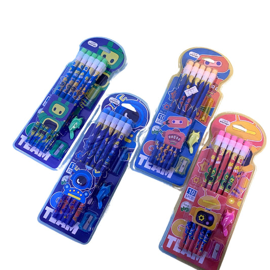 Robot pencil pack (10 pencils) cap, topper, sharpener included
