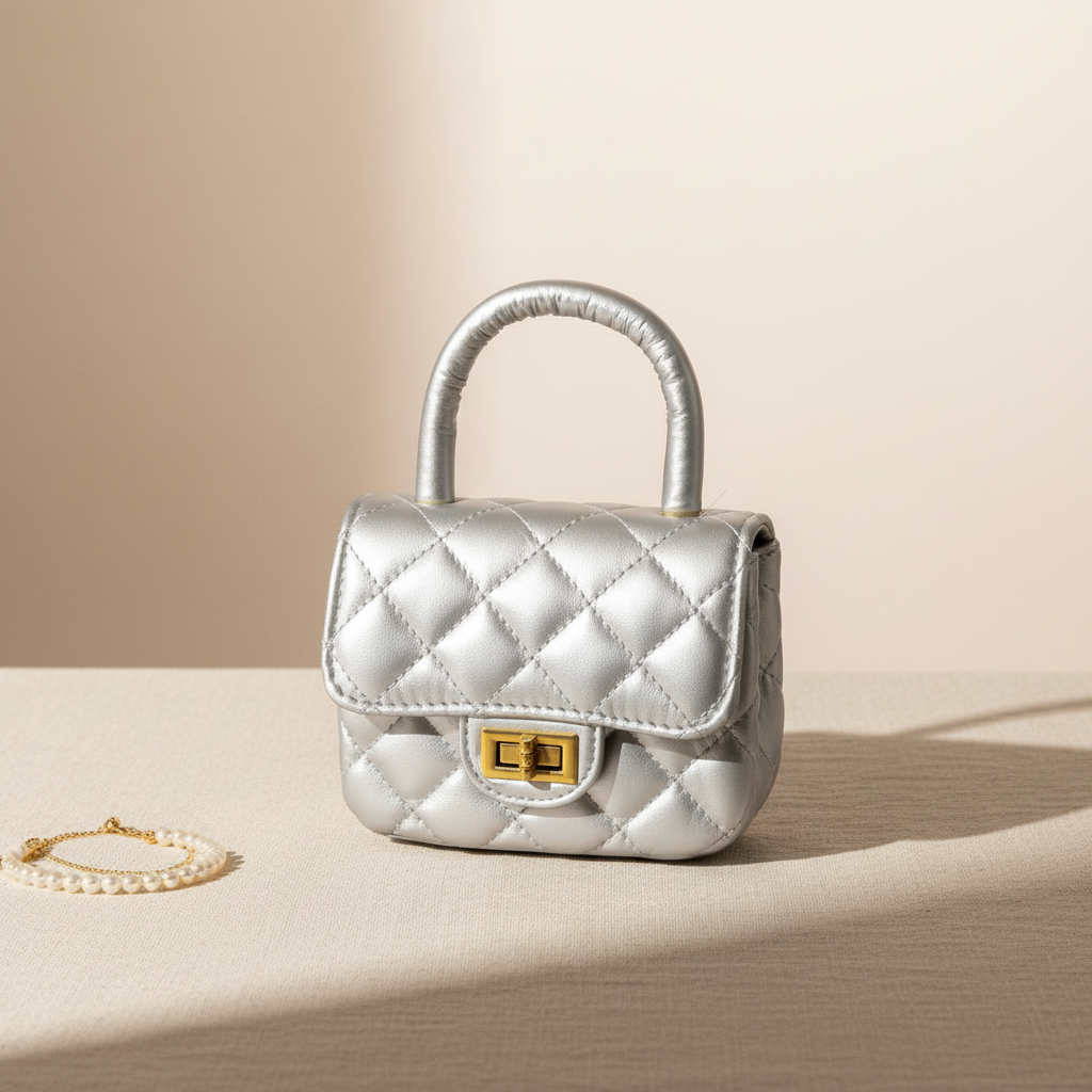 Elegant professional background for silver quilted mini bag