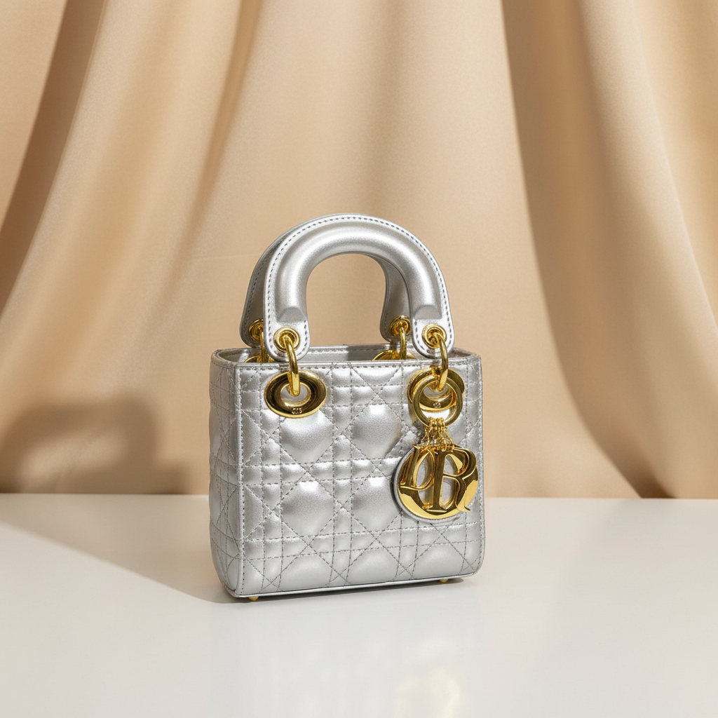 Professional elegant background for silver quilted mini bag