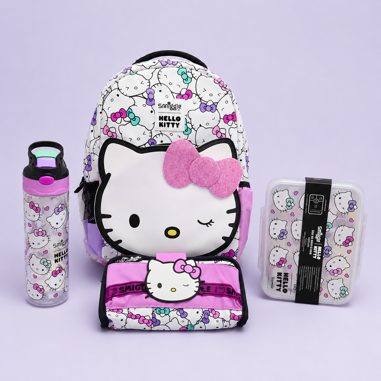 Kitty Theme Bundle ( 14 inch bag, Pencil Pouch, Water Bottle, Lunch box)