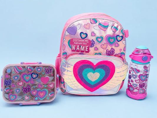 Vest series Heart theme bundle ( 14 inch bag size, Water Bottle, Lunch box)