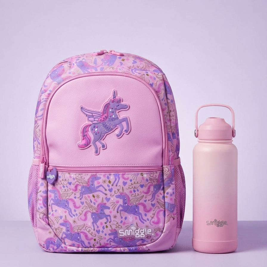 Unicorn theme bundle ( 17 inch bag and 1 litre steel bottle)