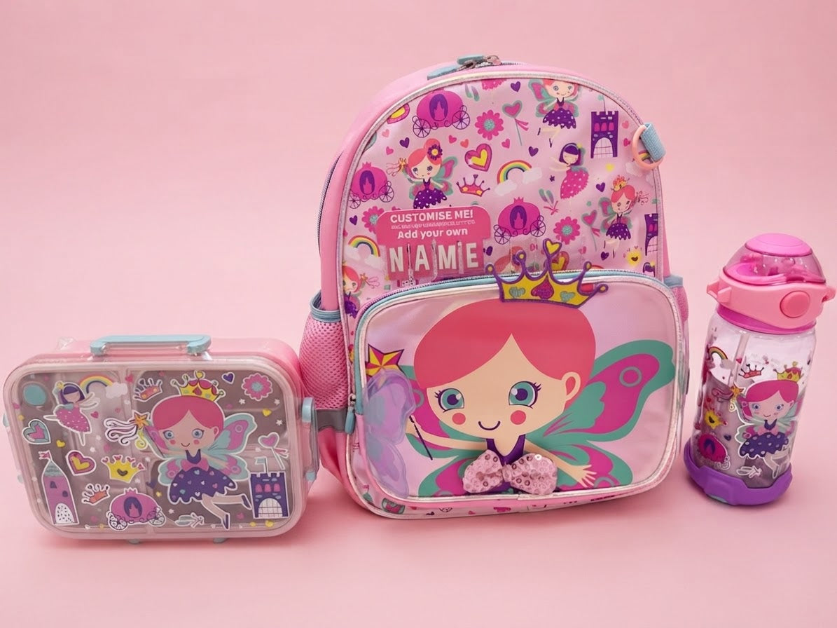 Vest series fairy theme bundle ( 14 inch bag, Lunch Box, Water Bottle)