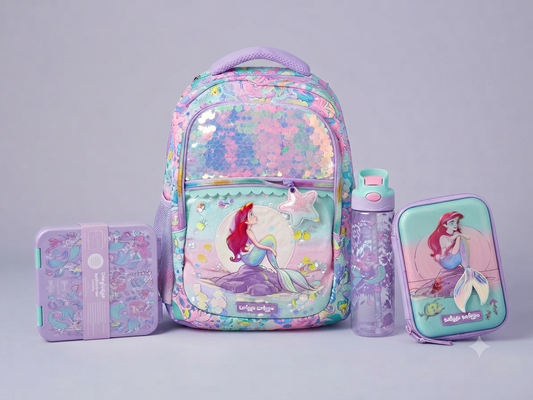 Mermaid Theme Bundle (17 inch bag, Water Bottle, Stationery Organizer, Lunch Box)