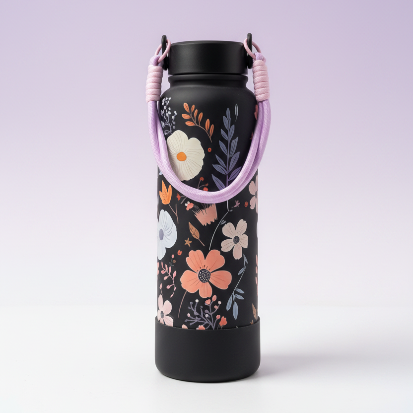 Insulated Black Floral Flask (1200ml)