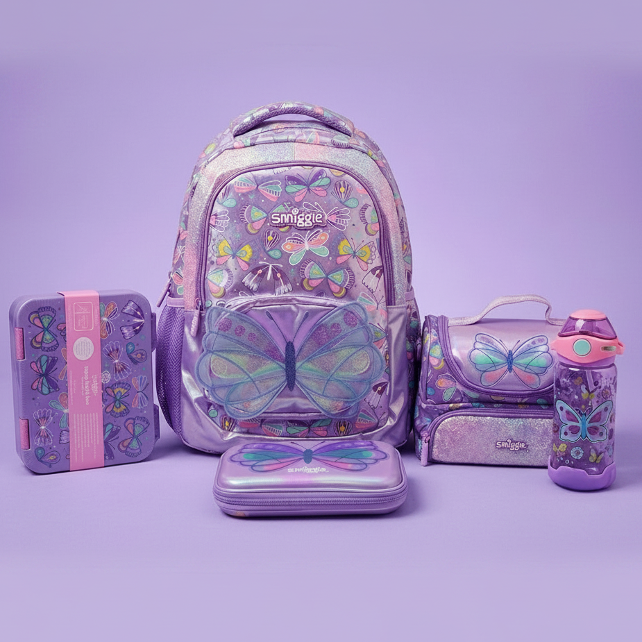 Butterfly Theme Bundle (17-inch bag, lunch box, water bottle, Pencil Organizer, Lunch bag)