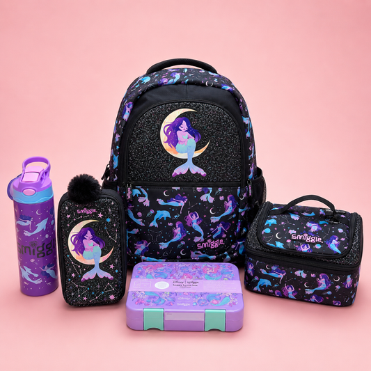 Black Mermaid Theme Bundle ( 17 inch bag, Lunch Box, Insulated Water Bottle, Pencil Organizer, Lunch Bag)