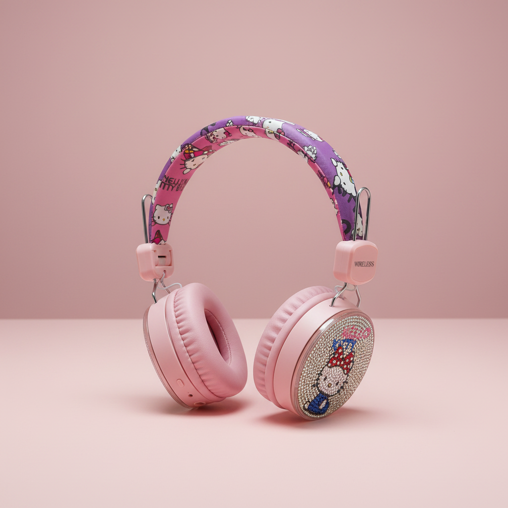 Wireless Diamontise Light Pink Kitty Headphones