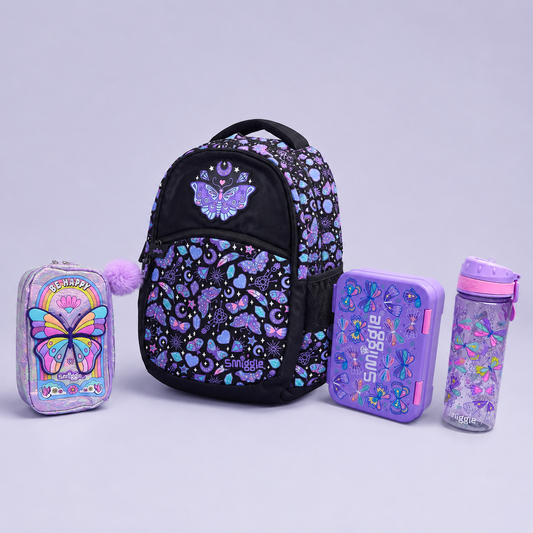 Black Butterfly Theme Bundle ( 17 inch bag, Lunch Box, pencil Organizer, Water Bottle)