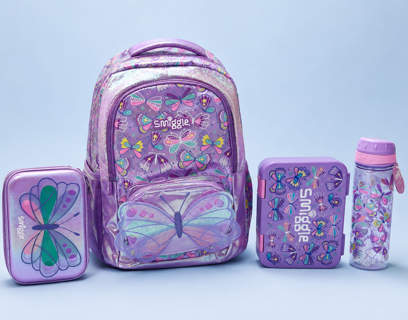 Butterfly Theme Bundle (17 inch bag, Lunch Box, Stationery Organizer, Water Bottle