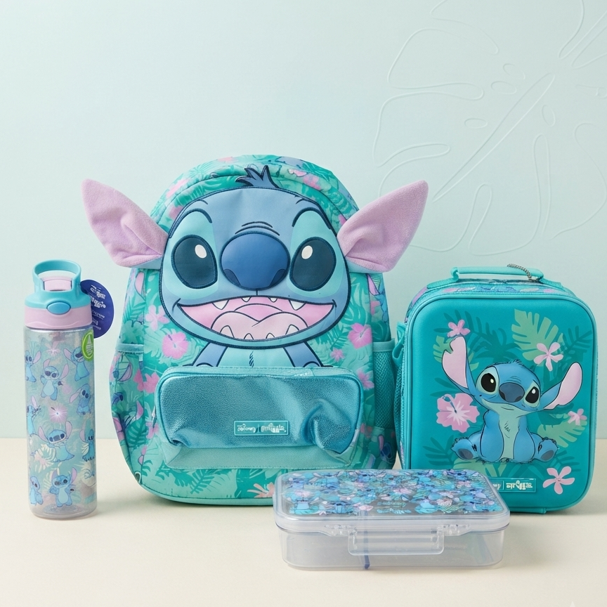 Stitch theme bundle ( 14 inch bag, Lunch Bag, Water Bottle, Lunch box)