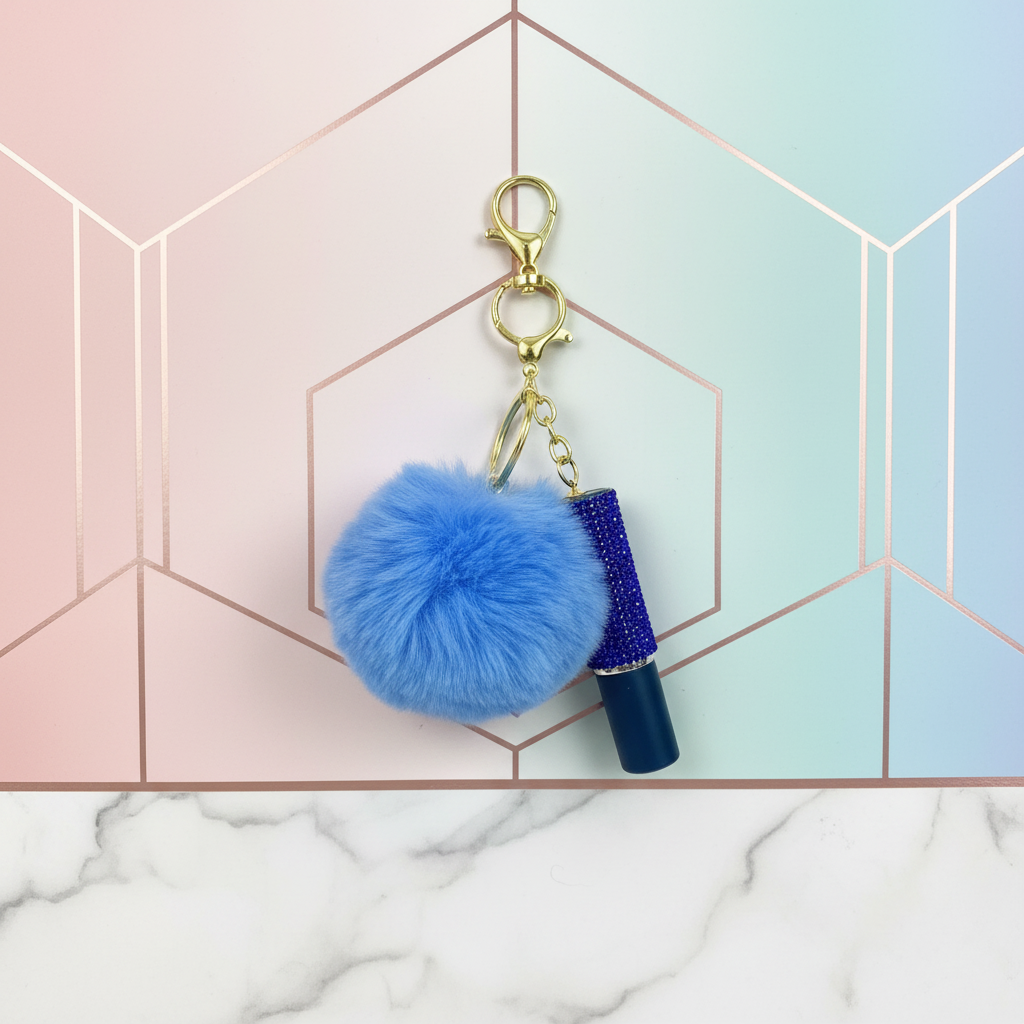 Unique stylish background for blue pom-pom keychain