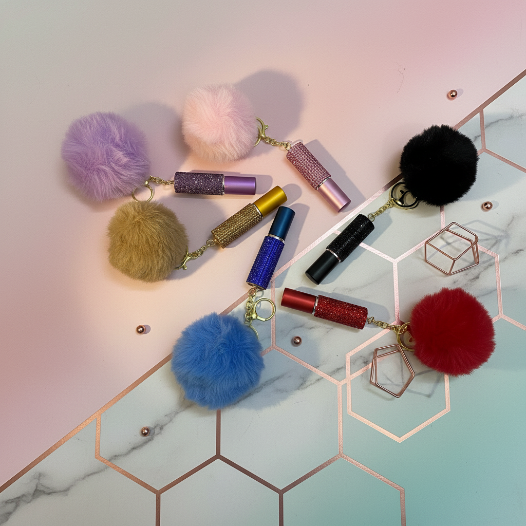 Unique stylish background for colorful pom-pom keychains