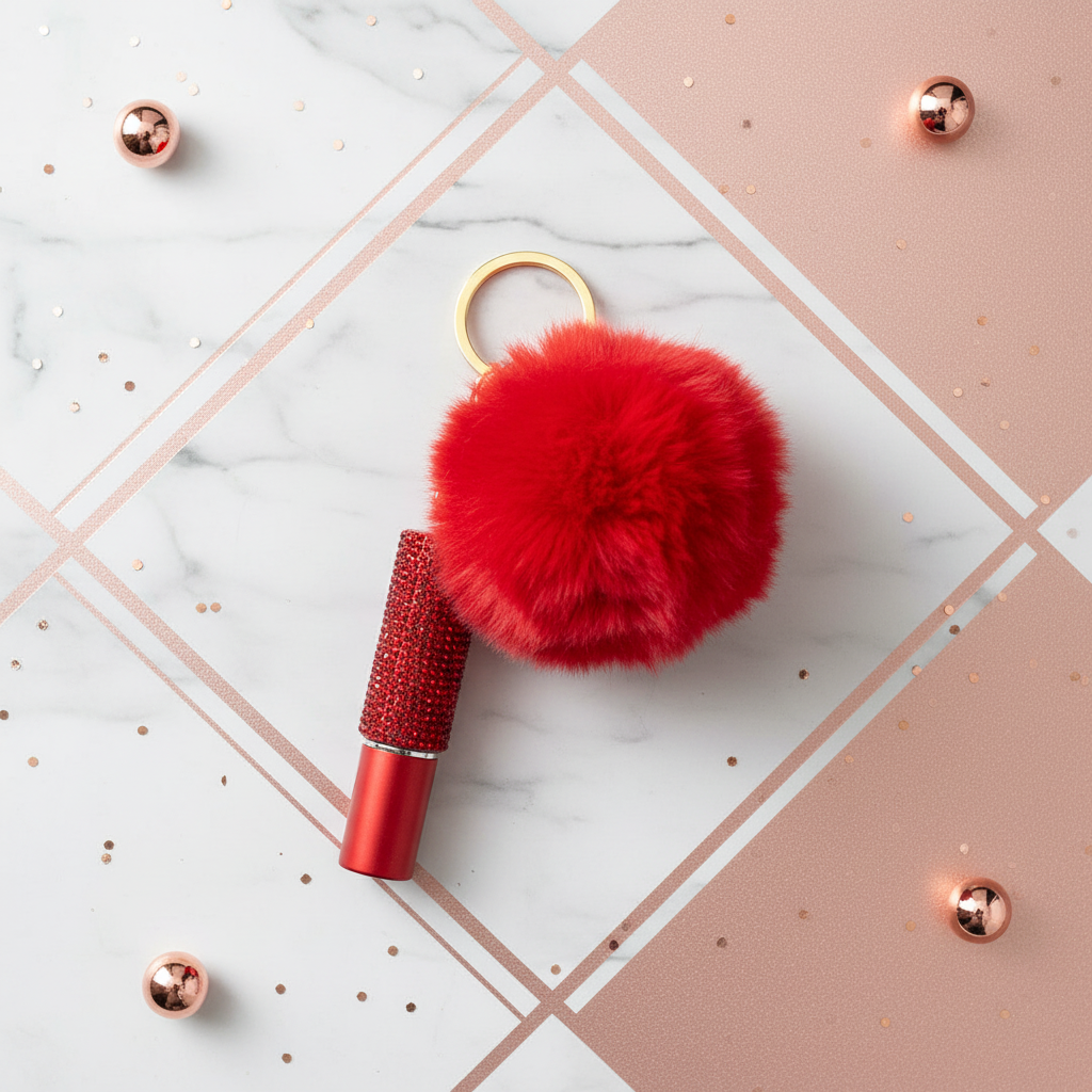 Unique stylish background for red pom-pom keychain